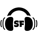Sensory Friendly Icon. Black headphones with lines radiating from them. In the center are the letters "S" and "F".