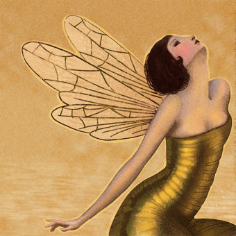 a drawing of a person in a gold dress with beige wings, amongst a beige-yellow background.