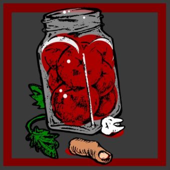 A drawing of a jar of tomatoes, green leaves grow outside it. A tooth and a finger lie next to it. Grey background