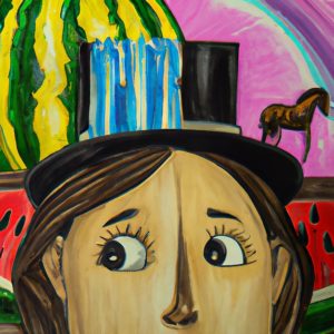 A colourful drawing of someone with a shocked expression wearing a half black/ half blew top hat on. In the background are various objects: a watermelon, horse, pink.