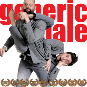 Two "generic males" - one has a shocked expression and is climbing on the side of the other, who is carrying him with stoic expression. In the background, red texts reads "generic male". Various awards and accolades at the bottom.