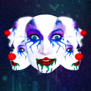 Three clown faces facing in opposite directions. Dark blue/ purple background.