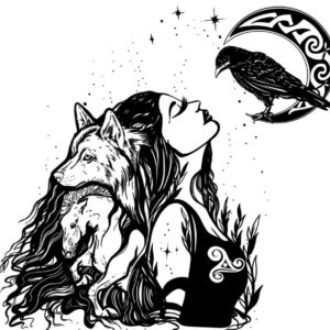 A black and white drawing of someone with long hair directing their face towards the moon. The moon is carrying a bird. Coming out of the back of their hair is a wolf and a horse. Black stars scattered.