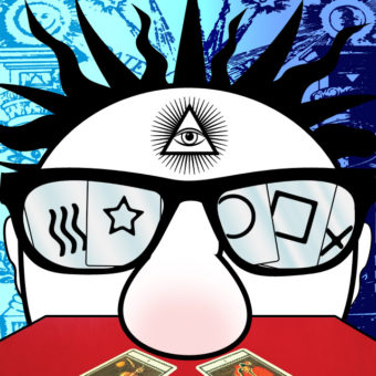 a graphic of someone with sunglasses, spiky hair and various magical elements floating around. blue patterned background.