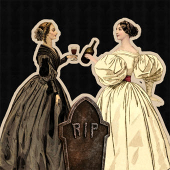 A drawing of Shelley and Lovelace doing a "cheers" with a bottle and a cup of what seems to be alcohol. In front of them is a tombstone that reads "R.I.P"